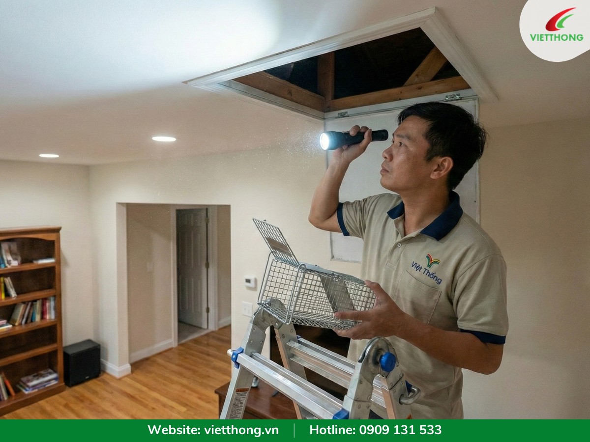Kỹ thuật viên Việt Thống dùng đèn pin kiểm tra lỗ thăm trần và đặt bẫy lồng để bắt chuột trên trần thạch cao